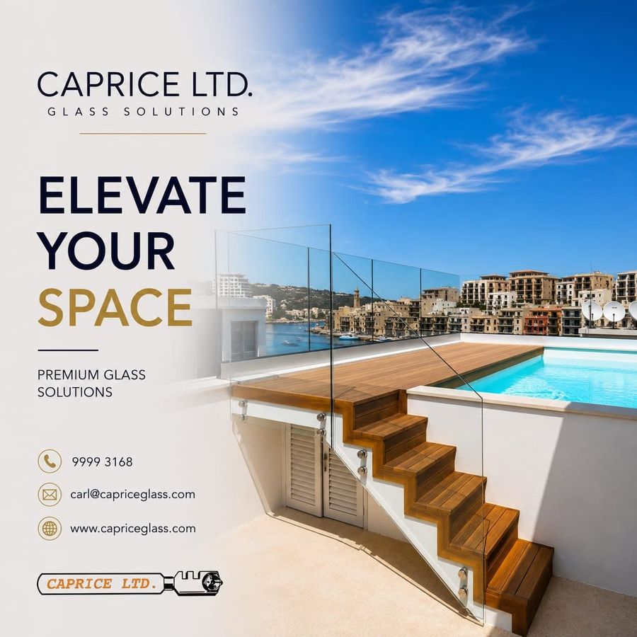 Caprice Ltd. Instagram post for a rooftop glass balustrade installation in Malta, in the navy and gold template