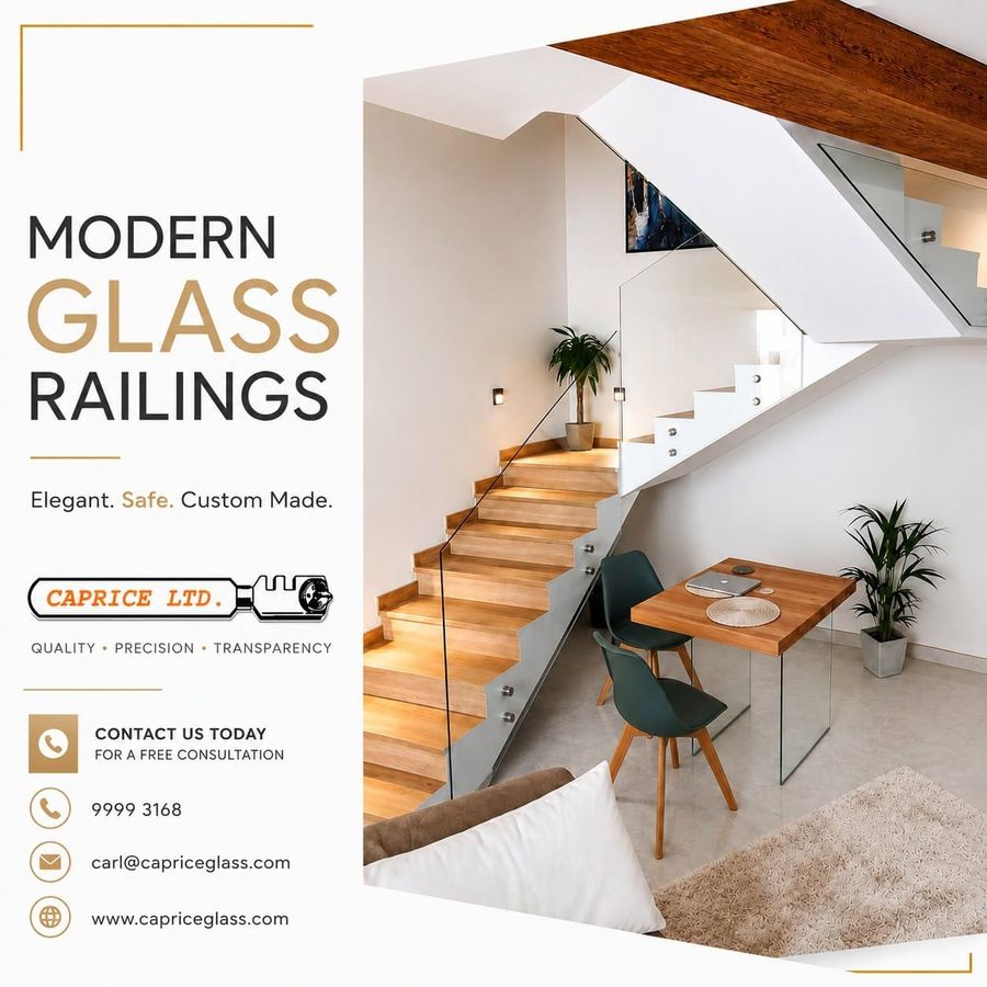 Caprice Ltd. Instagram post for glass stair railings, in the navy and gold template